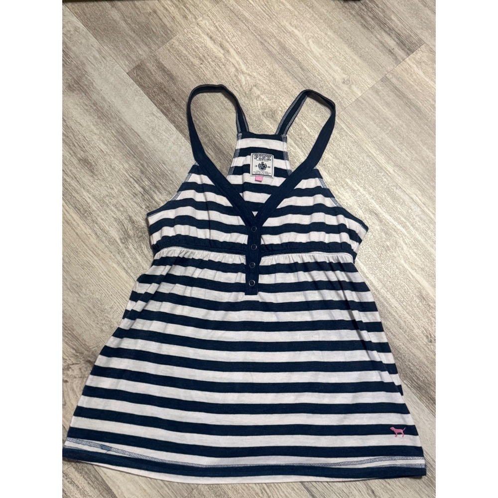Victoria's Secret PINK Navy White Striped Racerback Henley Tank Top Medium Y2K